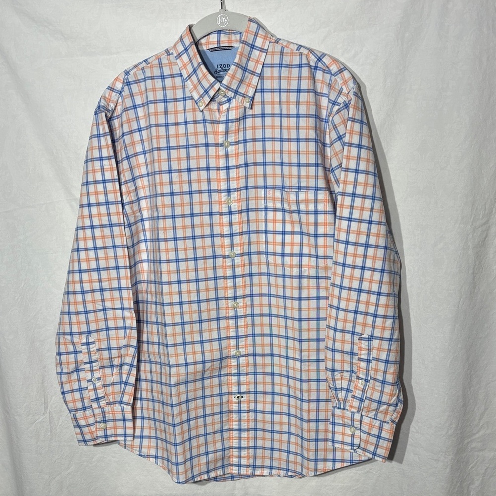 Izod Men's Casual Blue and Orange Checkered Shirt